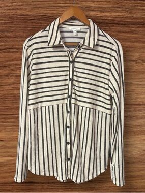 Como Blu Casual Black & Cream Striped Button-Down Long Sleeved Blouse